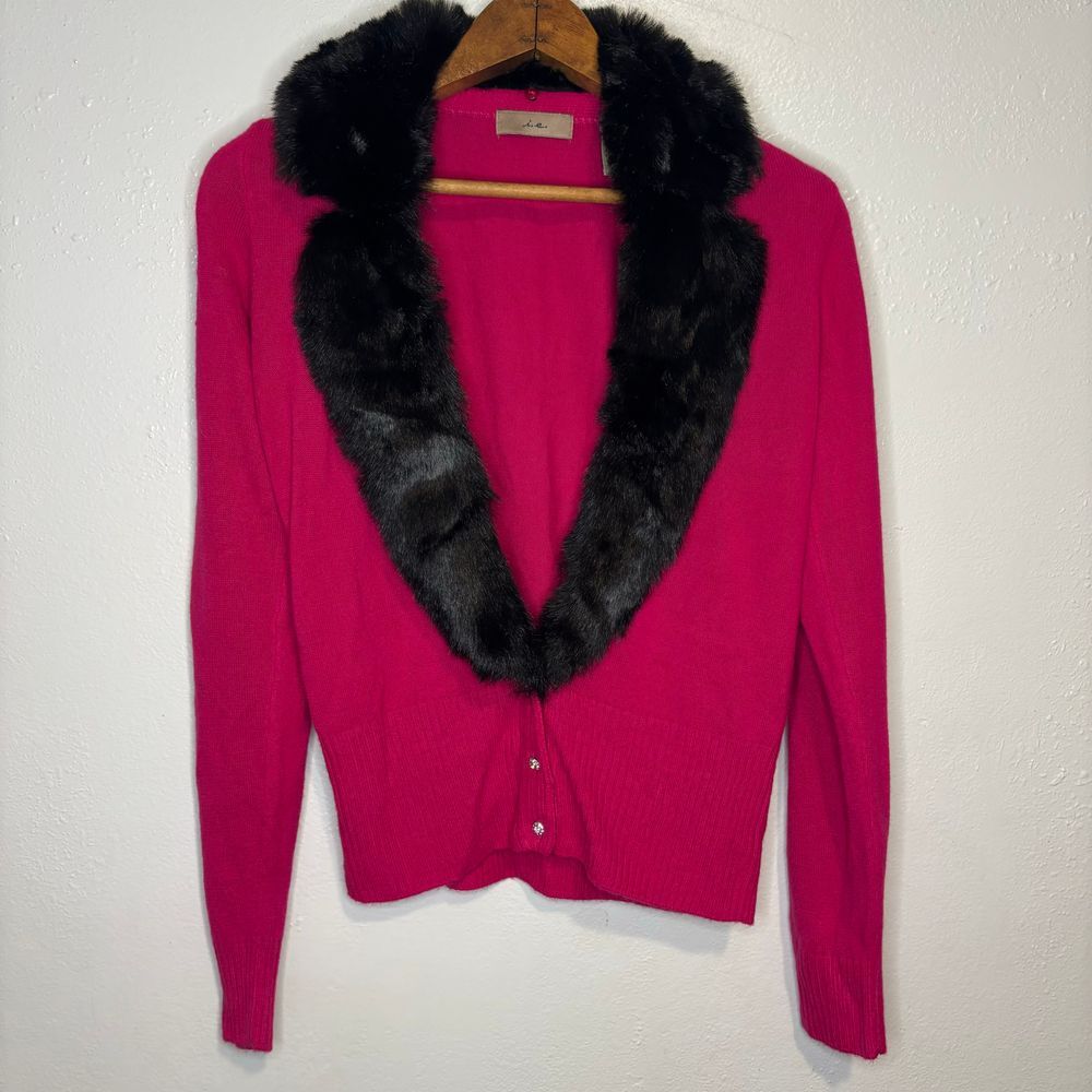 Y2K i.e. Magenta Pink Diamond Button Women's Cardigan Sweater Small Fur Collar